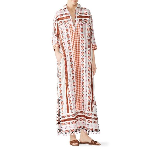 Dodo Bar Or Carmen Caftan White Orange Pink Embroidered Dress Women's Size Small - Picture 1 of 13